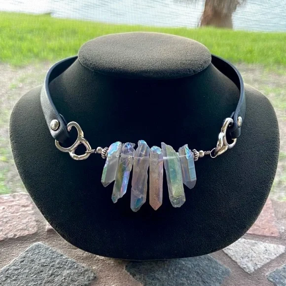 Crystal leather choker . Blue Angel aura rainbow iridescent Crystals choker - Picture 3 of 16